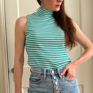Vintage Ribbed Sleeveless Bodycon Mock Neck Teal & White Stripe Top Tight Fit M